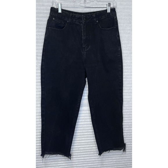 Lazy Oaf Women Faded Black Denim Mom Jeans SZ 30 Wide Leg Cropped Raw Hem - Picture 1 of 16
